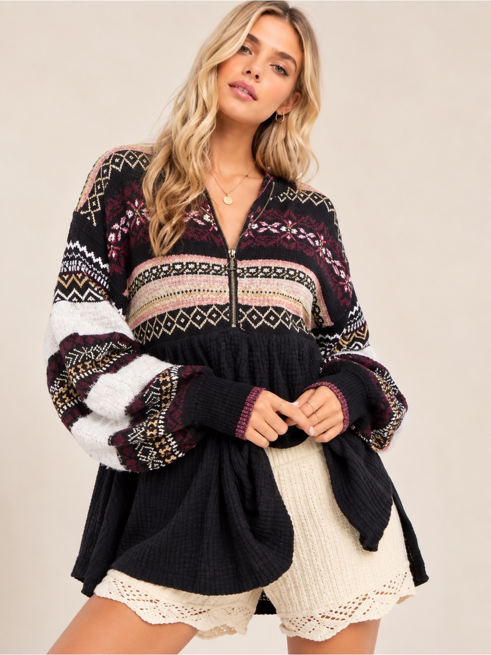 Free People Cozy Cottage Sweater Black Waffle Knit Boho Babydoll Zip LARGE NWT
